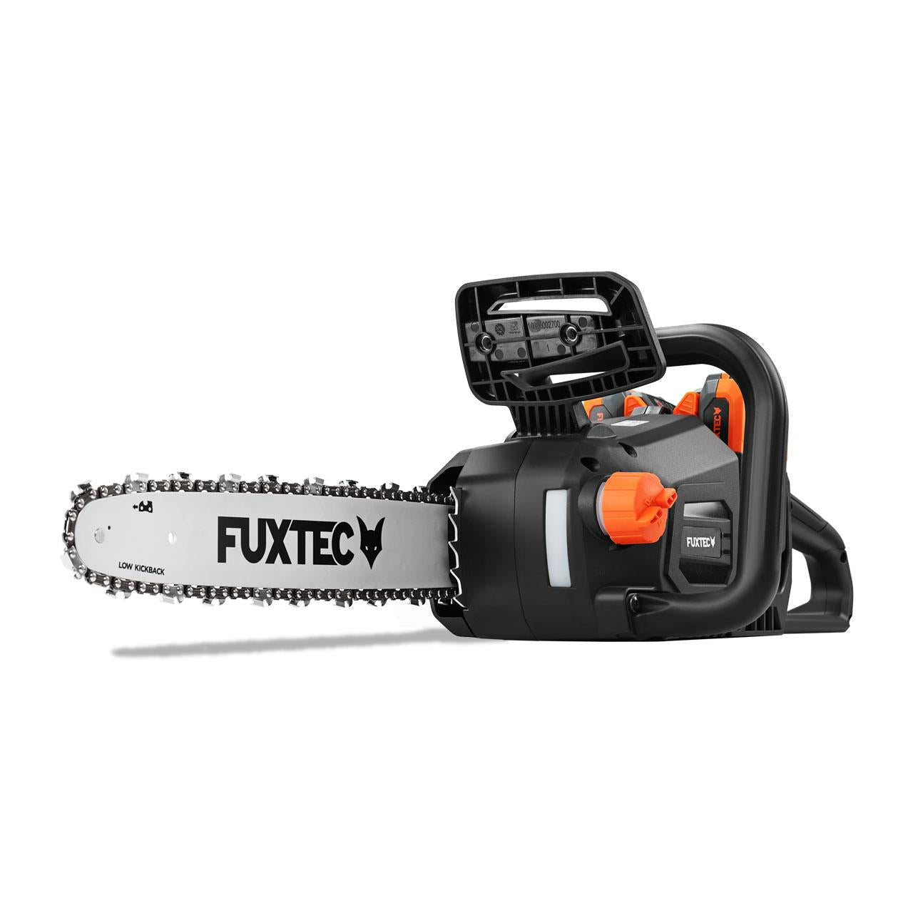 Motosega a batteria 2x20V FX-E2KS SET – Lunghezza di Taglio 35 cm, 4,2 kg, Velocità Catena 15 m/s, con 2 Batterie da 2Ah e Caricatore Doppio Incluso