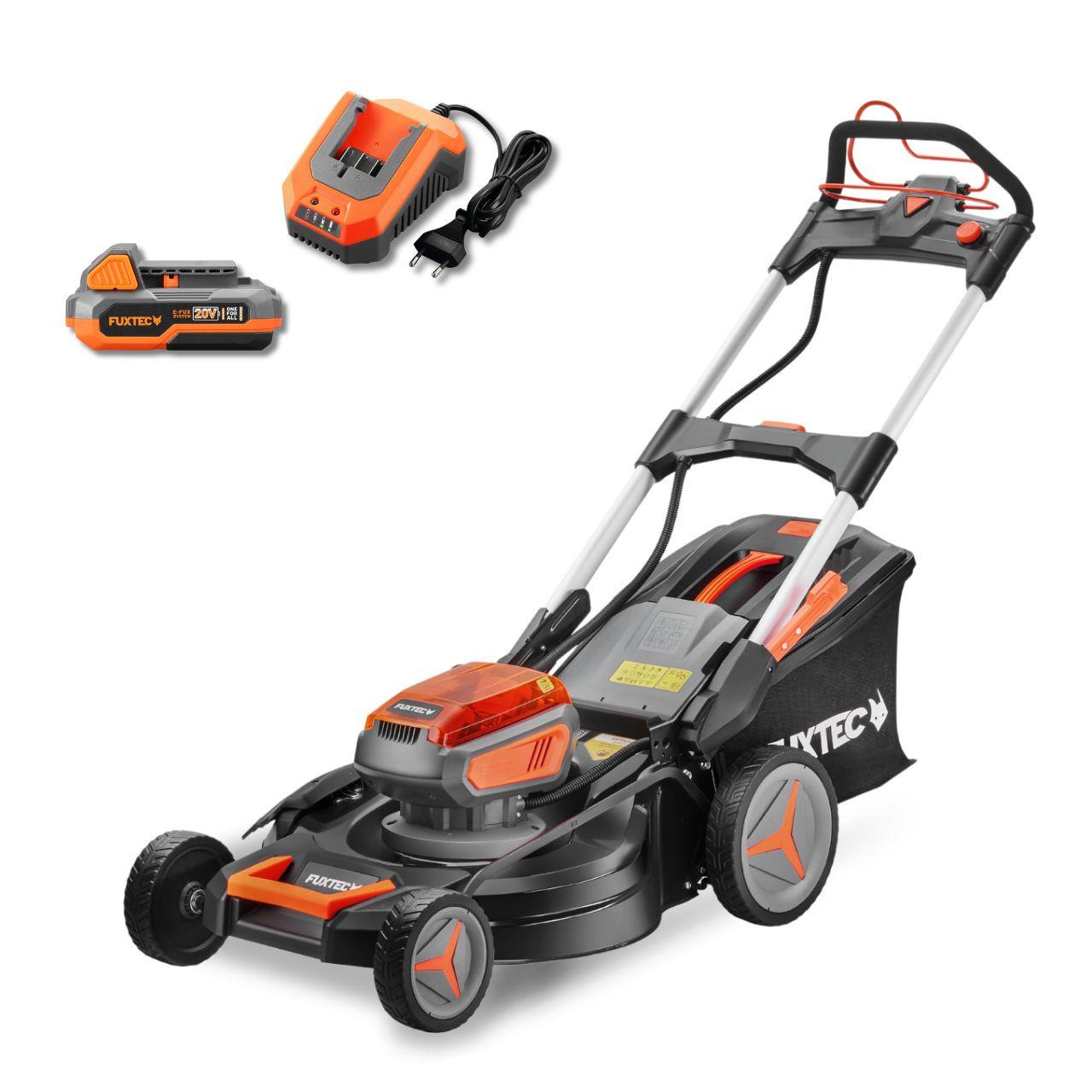 FUXTEC Tagliaerba a batteria 40V (2x20V) E2RM51 semovente, Mulching e Scarico Laterale - Set Batterie 2x4Ah e Caricabatterie