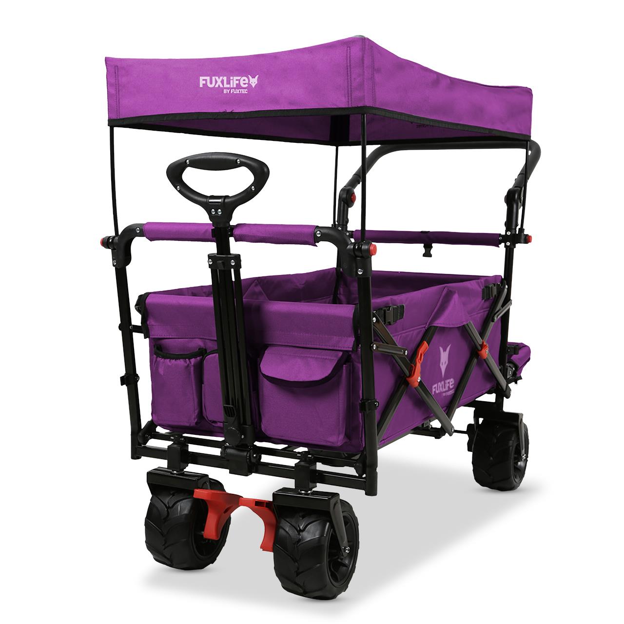 Carrello da spiaggia pieghevole FUXTEC FX-CTB800 con tettuccio parasole protetto dai raggi UV, maniglia di spinta e prolungamento interno