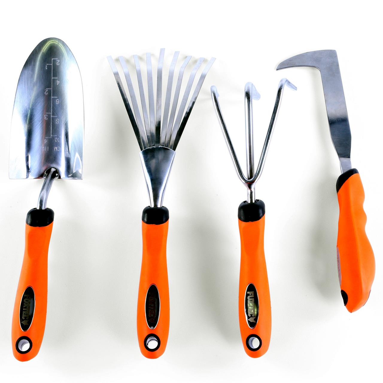 Set di 4 attrezzi da giardino a mano FUXTEC raschietto, artiglioa 3 denti, rastrello e paletta