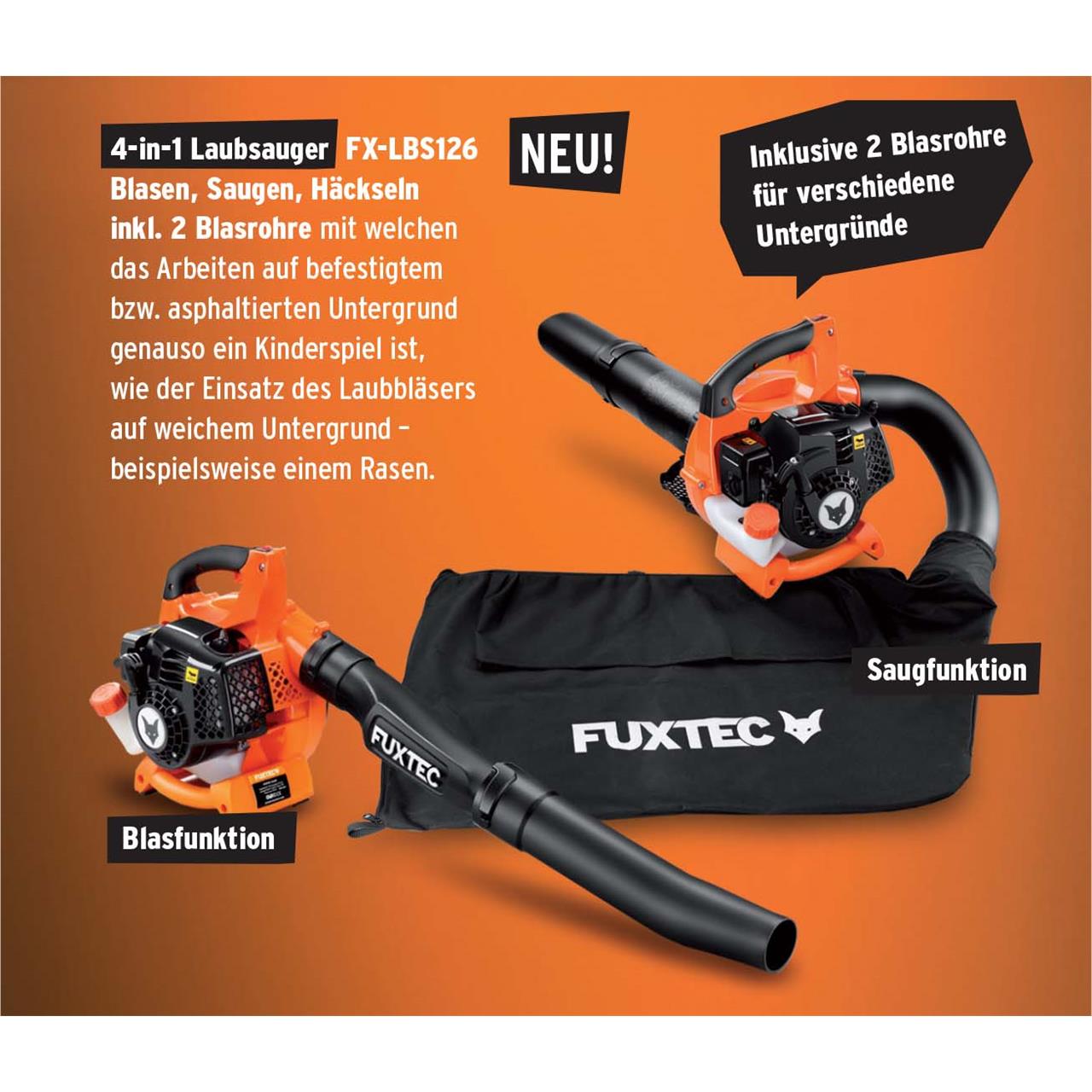 FUXTEC FX-LBS126 4in1 Aspiratore foglie, soffiatore foglie, trituratore foglie incl. due tubi di soffiaggio