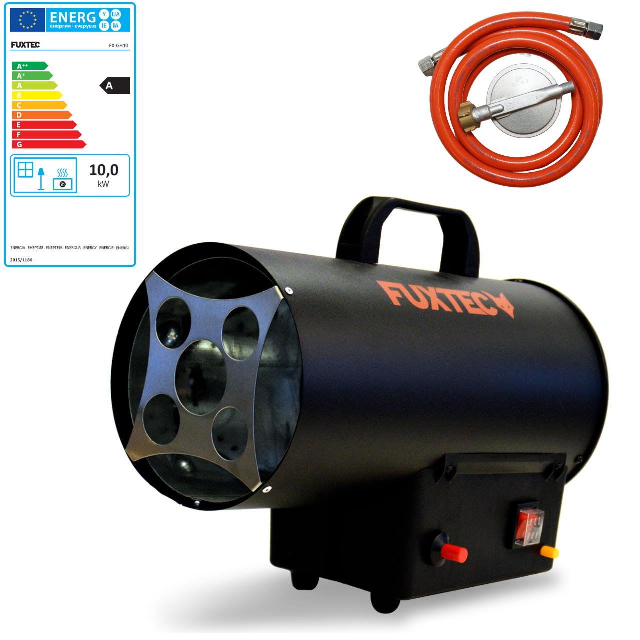 Generatore di calore a gas FUXTEC GH10 - 10 kW di potenza termica, 300 mÂł/h di portata d'aria calda - adattatore italiano incluso