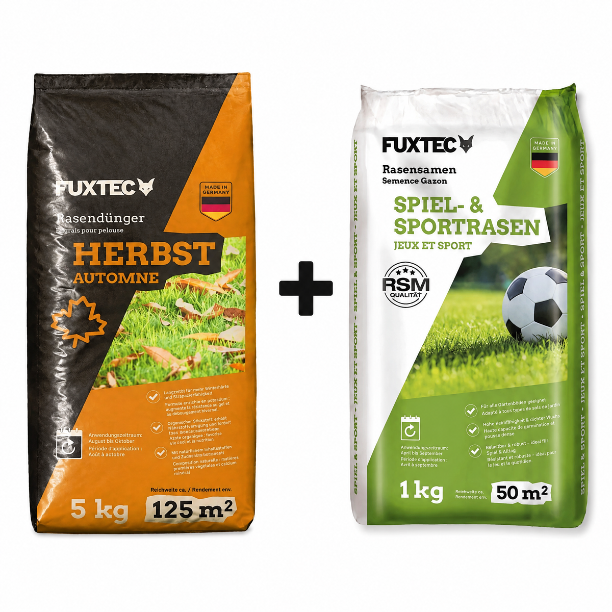 FUXTEC Herbst-Rasenpflege-Set – 2 kg Rasensamen + 5 kg Herbstdünger