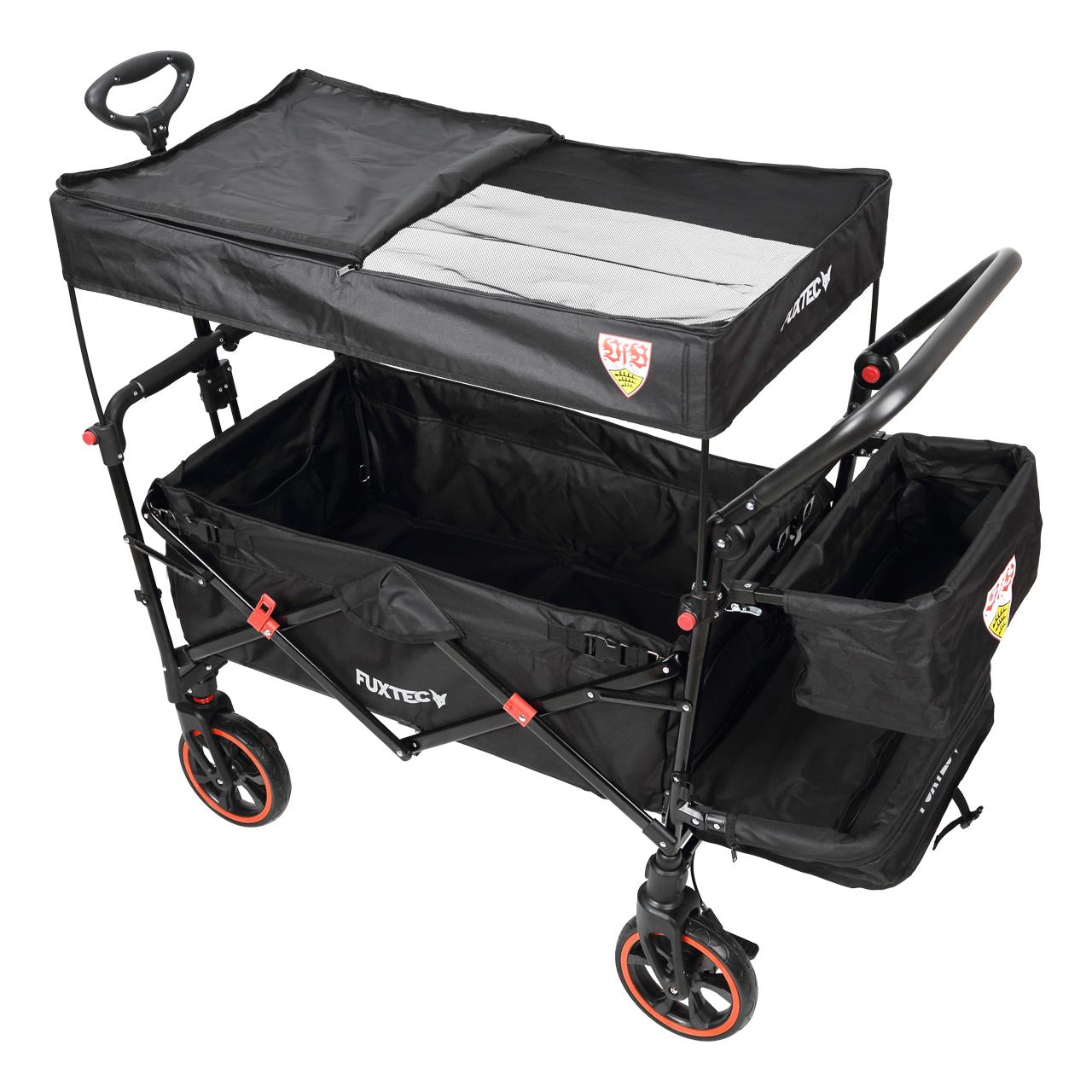 Fuxtec carrello pieghevole premium per trasporto dei bambini con tettuccio CT850 Nero Edizione "VFB Stoccarda"